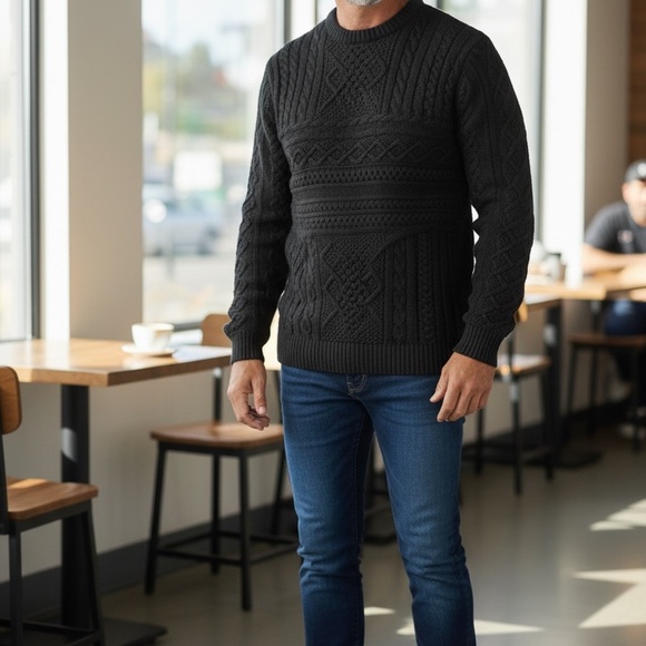 Men's Cable Knit Dark Navy Sweater - Picture 2 of 5
